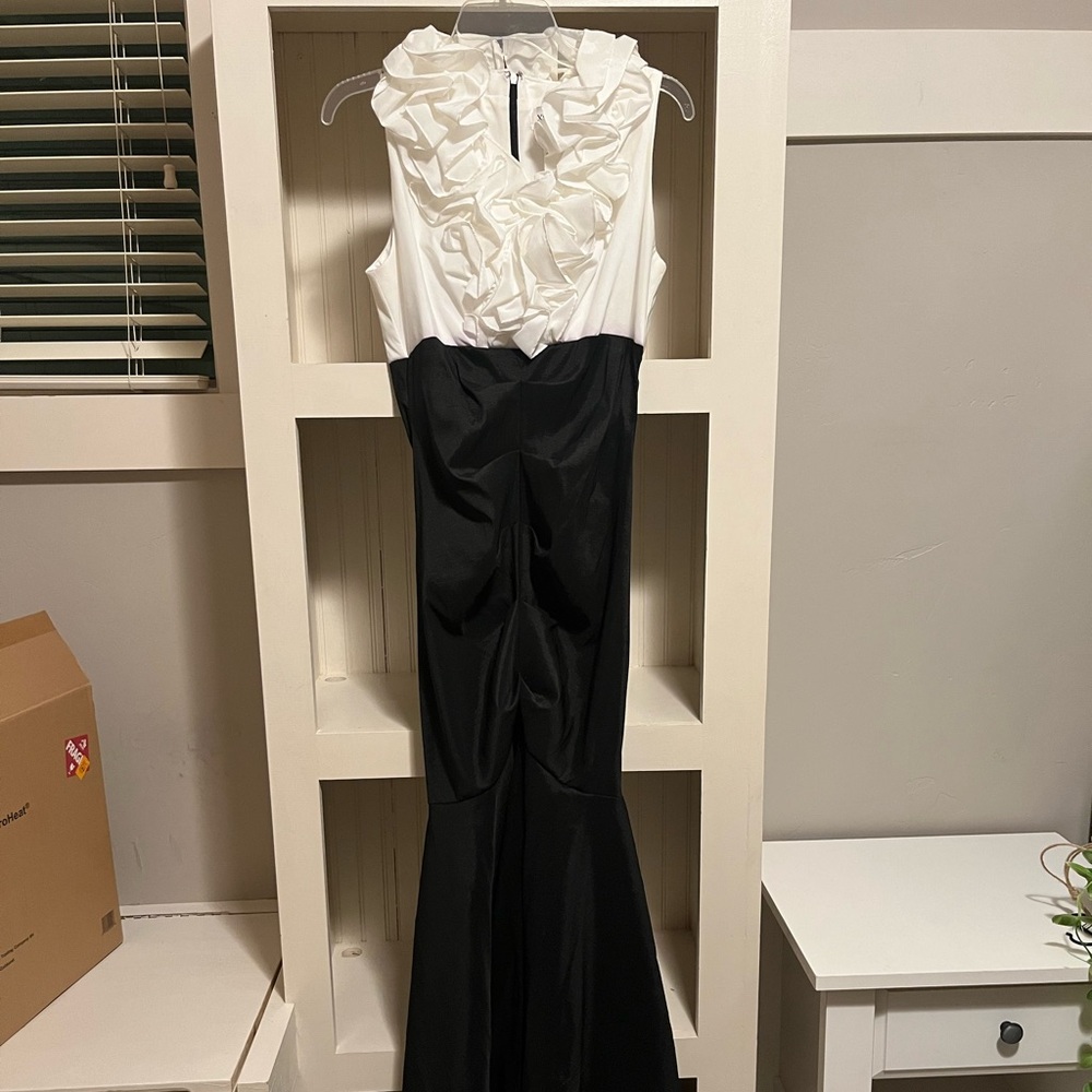 White and Black Collar Ruffled Formal Dress
